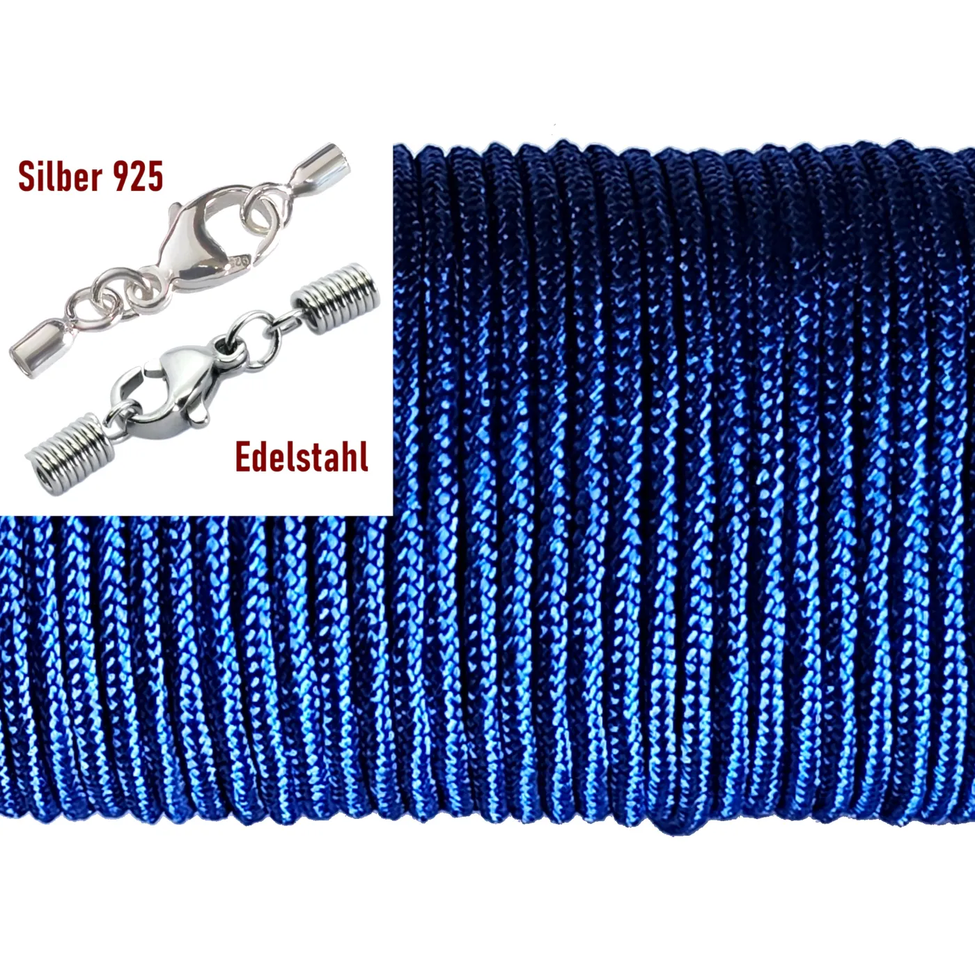 Paracordschnur Ø 2,0 mm, Farbton Blau mit Edelstahlverschluss oder 925er Silberverschluss