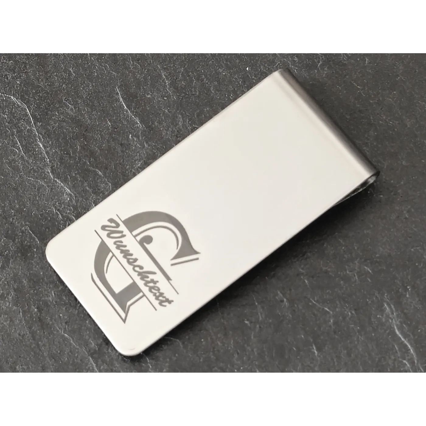 Geldscheinklammer aus Edelstahl mit einem Einschub und Monogramm-Lasergravur » Personalisierbar – Ansicht 2