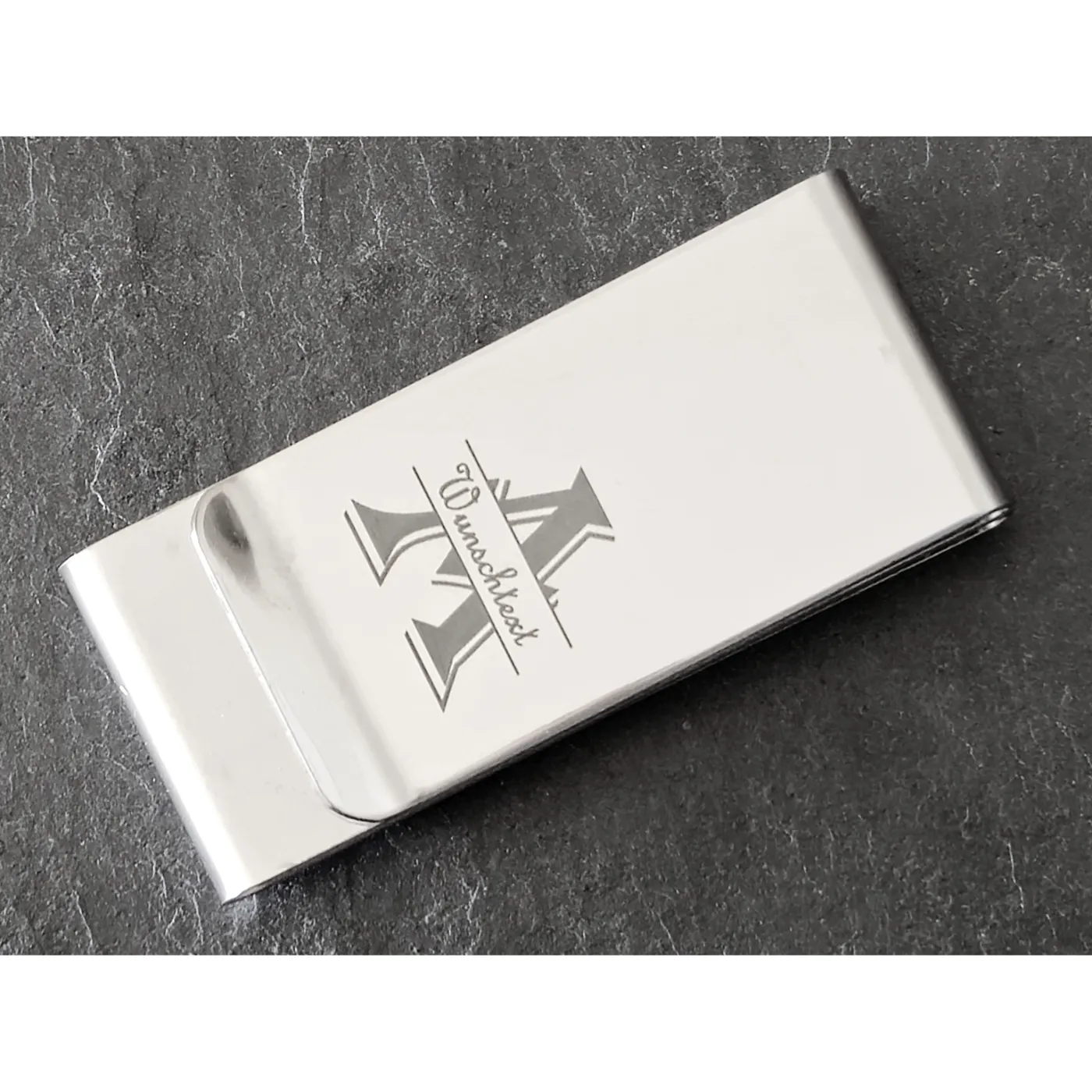 Geldscheinklammer aus Edelstahl mit drei Einschüben und Monogramm-Lasergravur » Personalisierbar – Ansicht 1