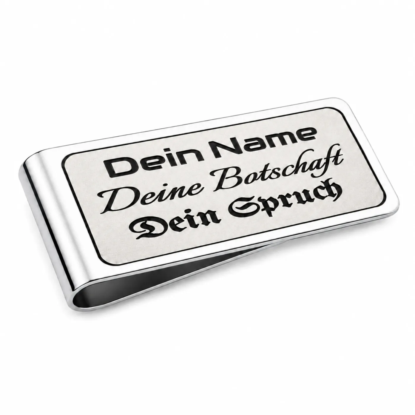Geldscheinklammer aus Edelstahl mit einem Einschub und Lasergravur, inklusive Gravur