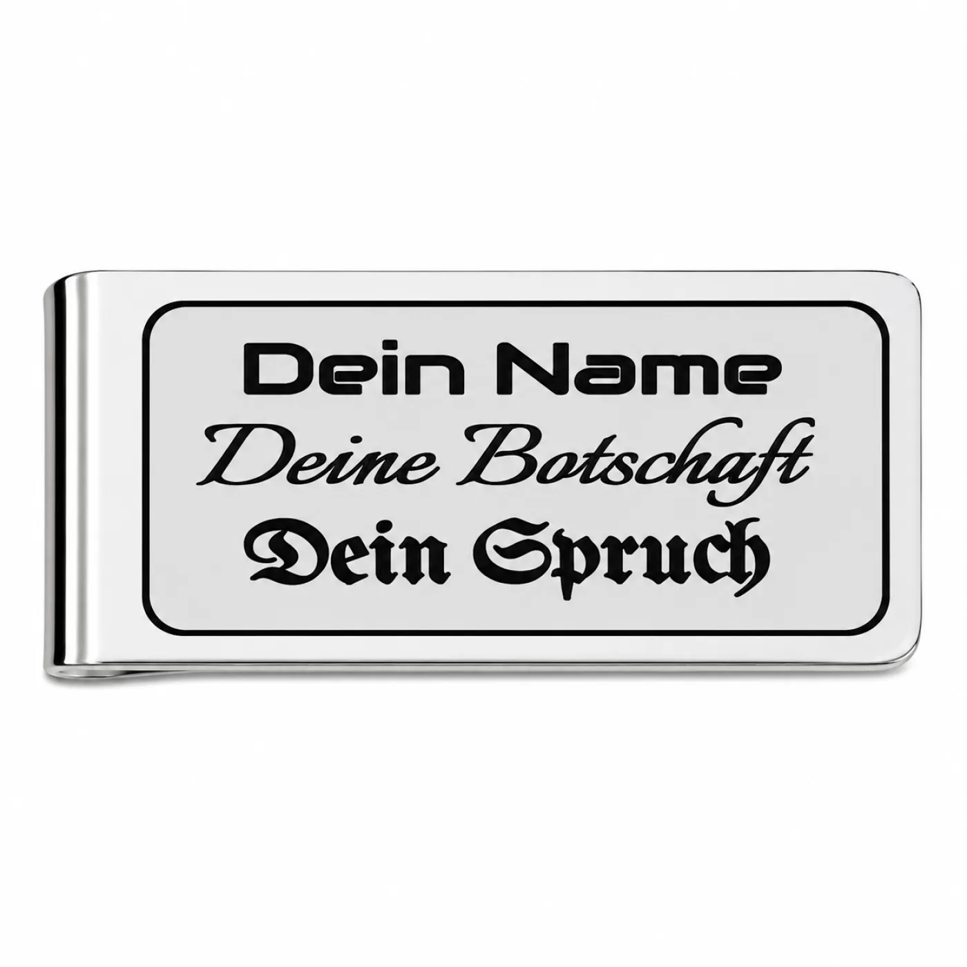 Geldscheinklammer aus Edelstahl mit einem Einschub und Lasergravur » Personalisierbar – Ansicht 1