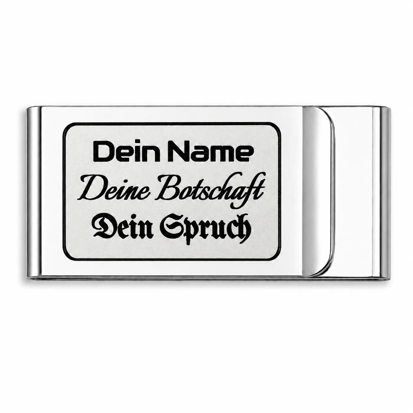 Geldscheinklammer aus Edelstahl mit drei Einschüben und Lasergravur » Personalisierbar – Ansicht 1