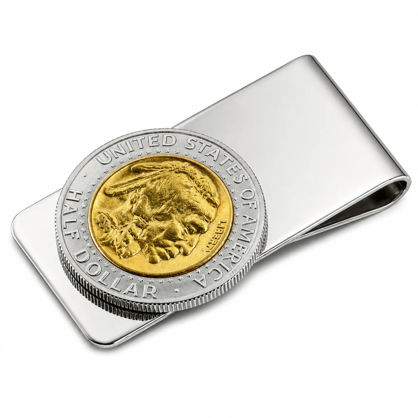 Geldscheinklammer aus Edelstahl 1/2 Dollar mit Buffalo Nickel, 24 Karat vergoldet
