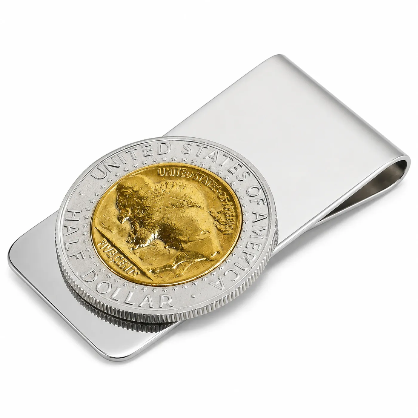 Geldscheinklammer aus Edelstahl 1/2 Dollar mit Buffalo Nickel 24 Karat vergoldet – Ansicht 3