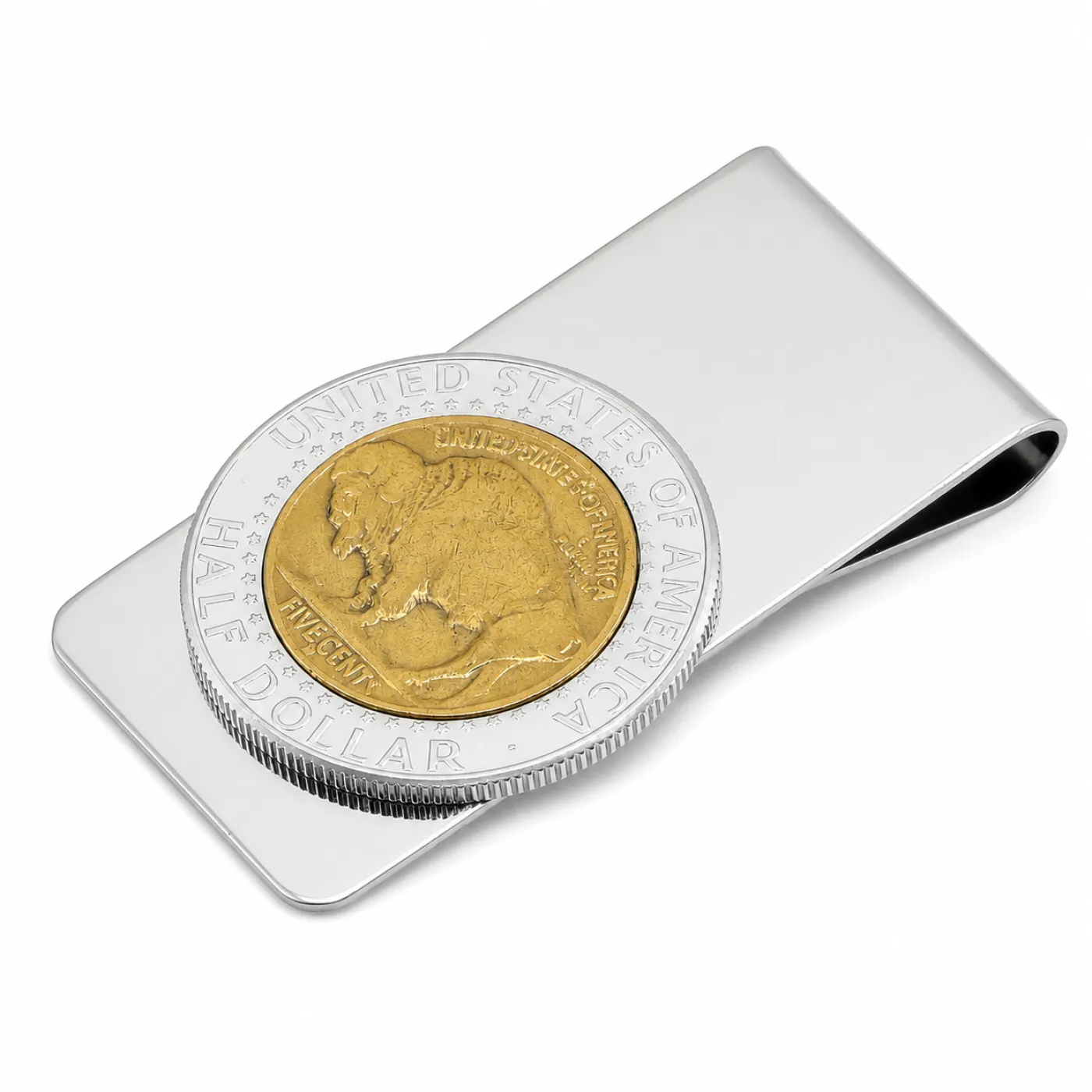 Geldscheinklammer aus Edelstahl 1/2 Dollar mit Buffalo Nickel 24 Karat vergoldet – Ansicht 2
