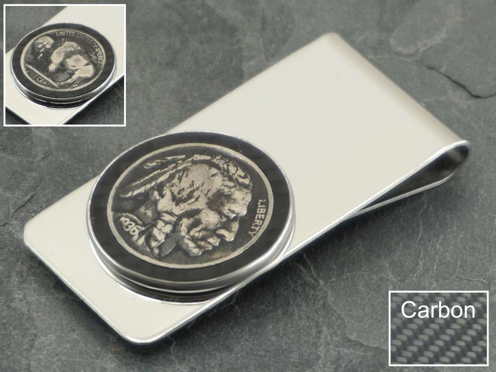 Geldclip Buffalo Nickel mit Carbon Inlay (Bison / Indianer) personalisierbar