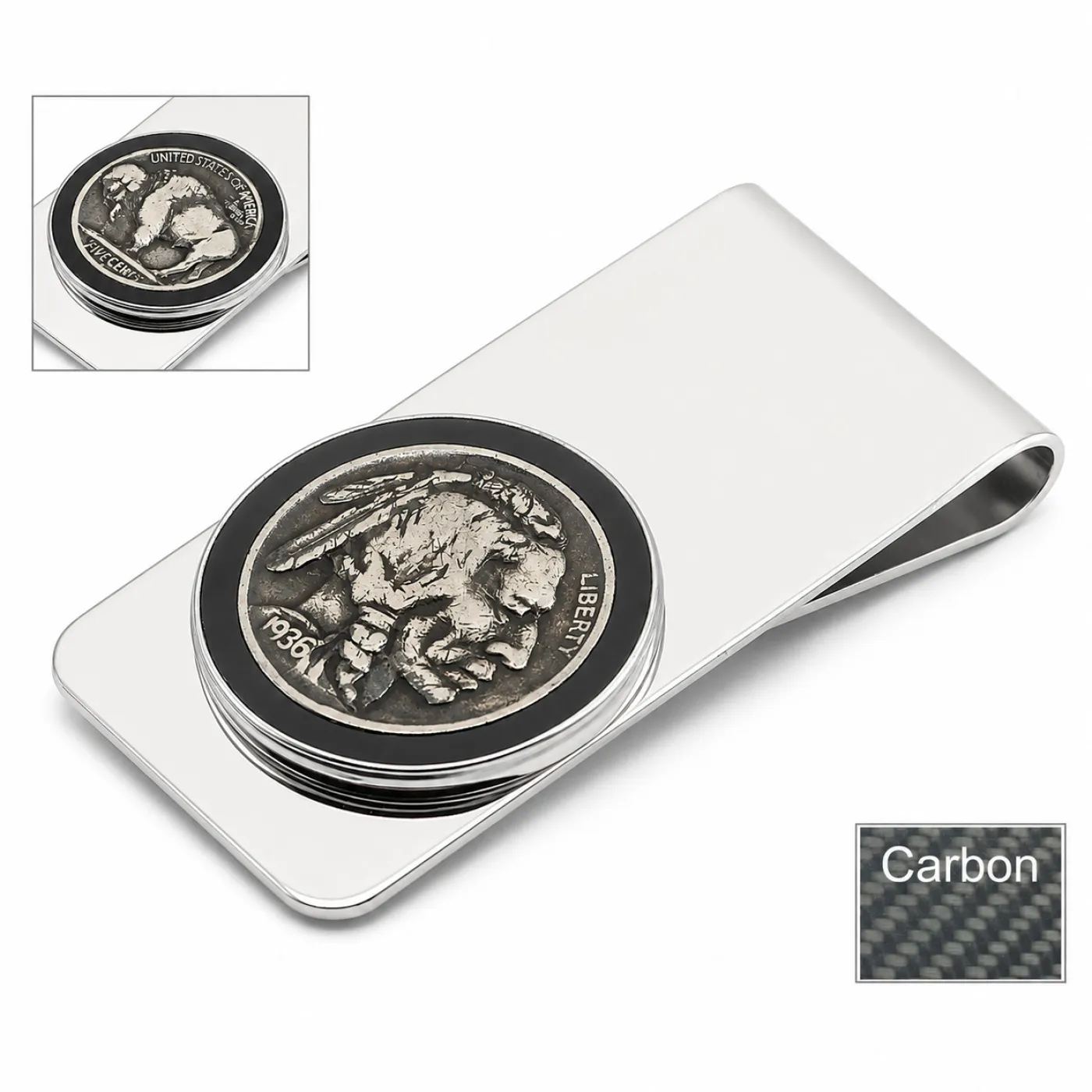 Geldscheinklammer aus Edelstahl Buffalo Nickel mit Carbon-Inlay, Bison / Indianer