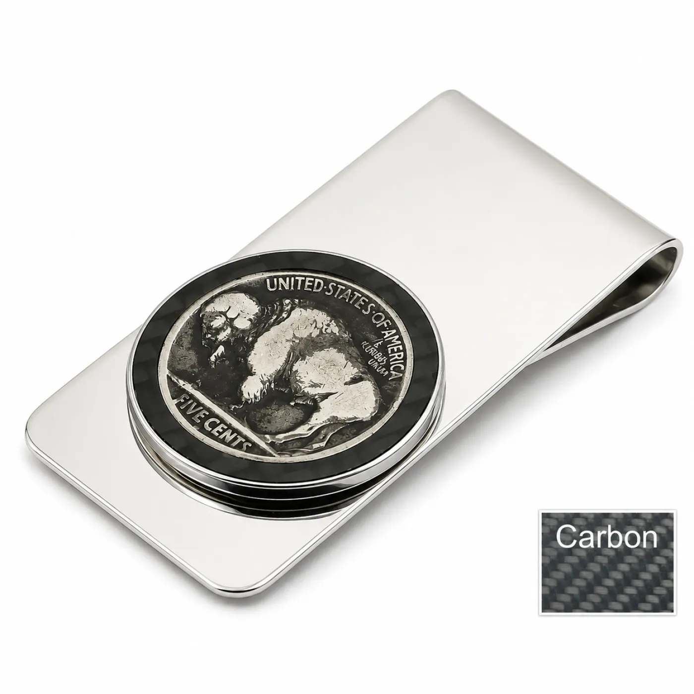 Geldscheinklammer aus Edelstahl Buffalo Nickel mit Carbon Inlay (Bison / Indianer) – Ansicht 5