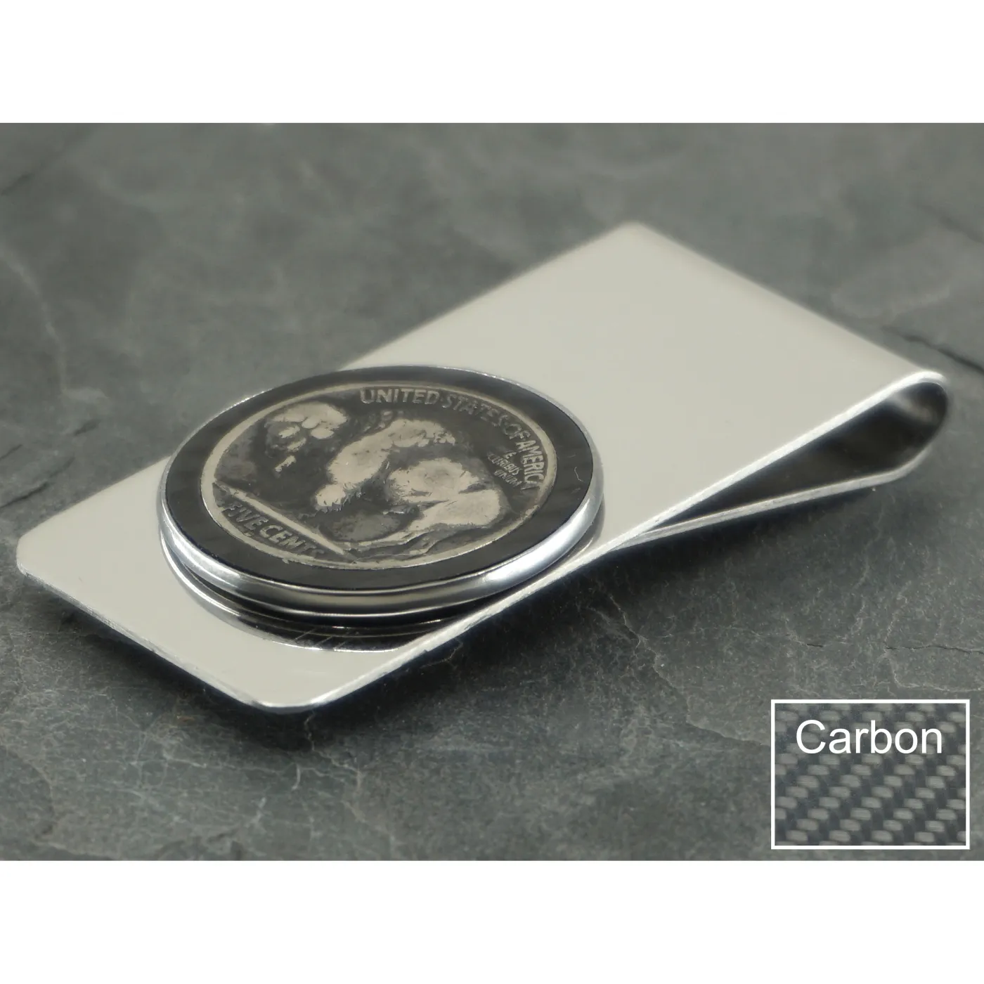 Geldscheinklammer aus Edelstahl Buffalo Nickel mit Carbon Inlay (Bison / Indianer) – Ansicht 4