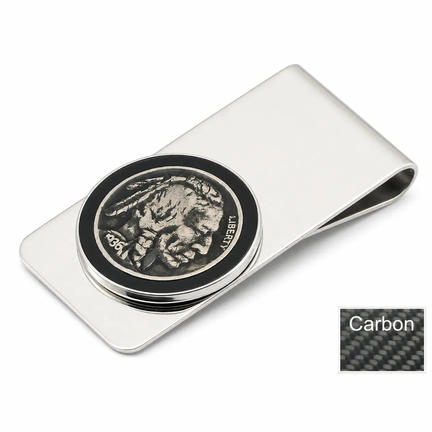 Geldscheinklammer aus Edelstahl Buffalo Nickel mit Carbon Inlay (Bison / Indianer) – Ansicht 3