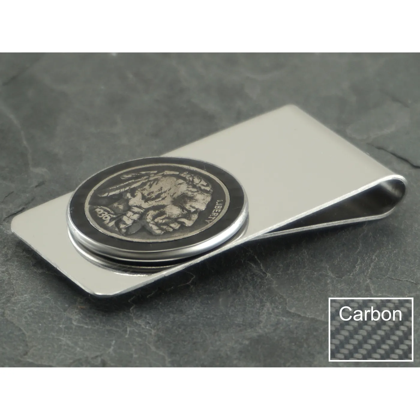 Geldscheinklammer aus Edelstahl Buffalo Nickel mit Carbon Inlay (Bison / Indianer) – Ansicht 2
