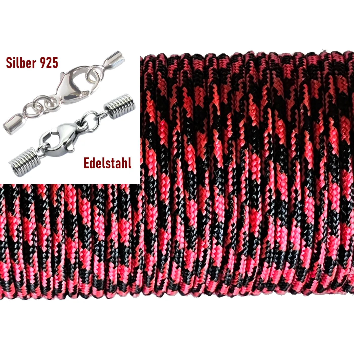 Paracordschnur Ø 2,0 mm, Farbton Rot-Schwarz mit Edelstahlverschluss oder 925er Silberverschluss