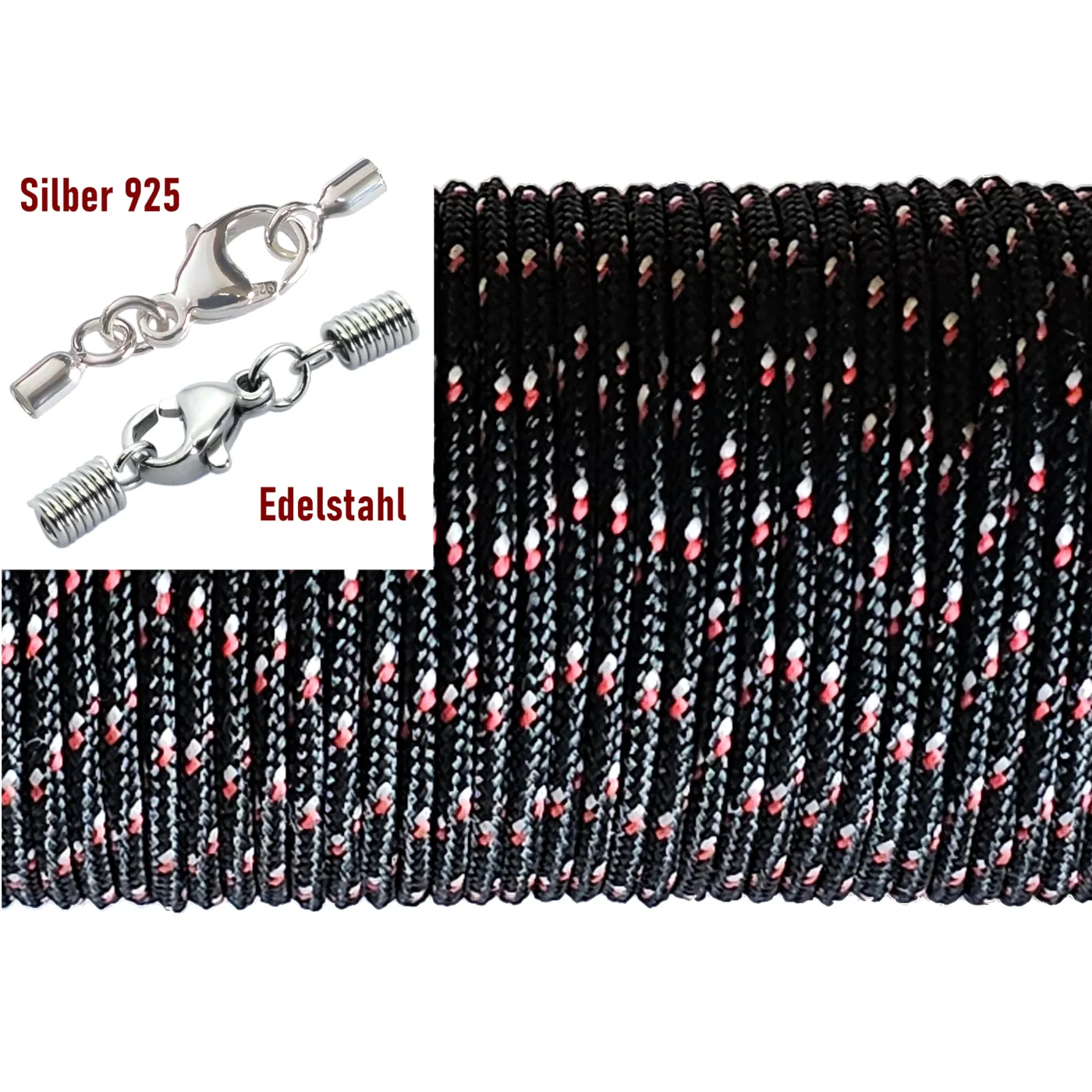 Paracordschnur Ø 2,0 mm, Farbton Schwarz-Rot-Weiß mit Edelstahlverschluss oder 925er Silberverschluss