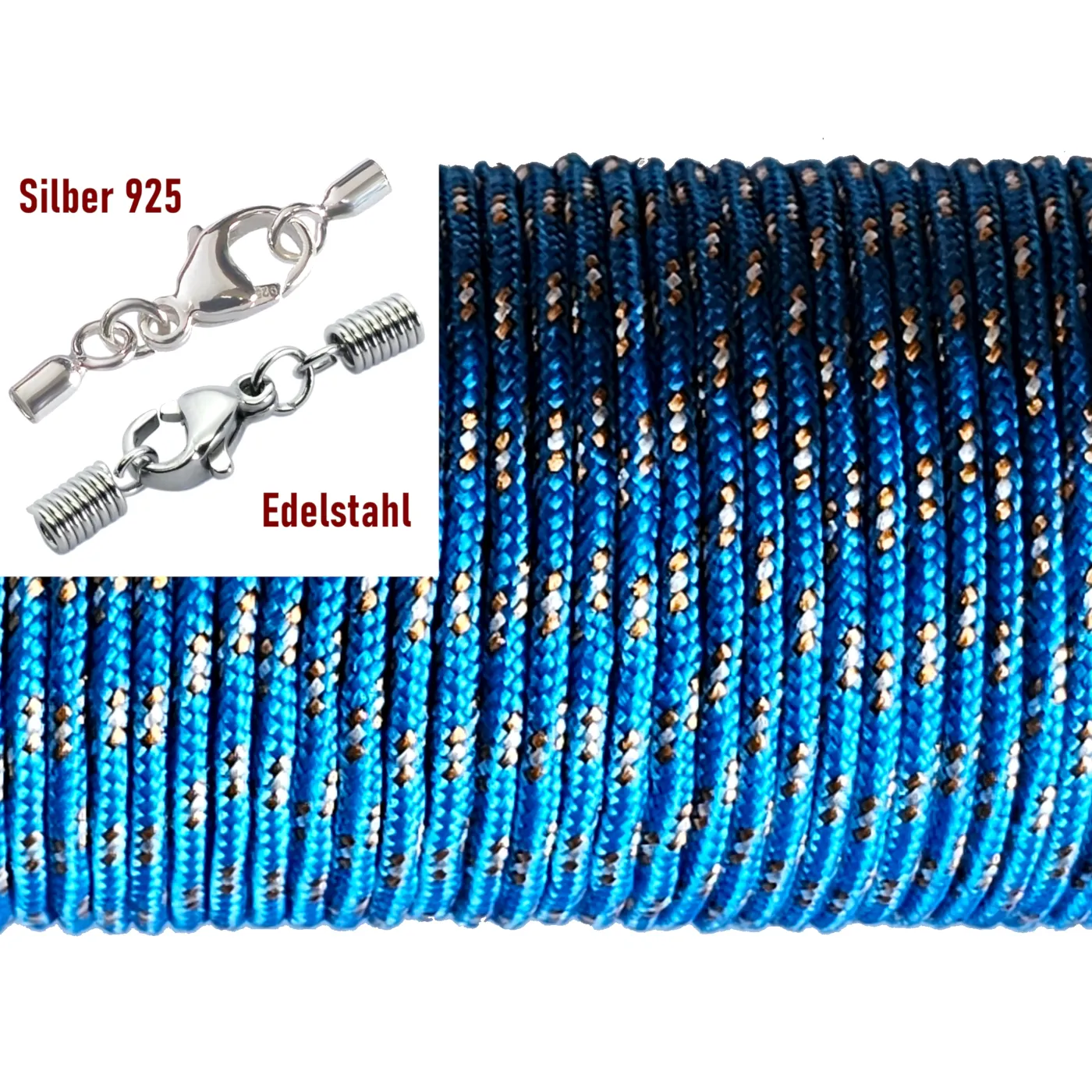 Paracordschnur Ø 2,0 mm, Farbton Blau-Orange-Weiß mit Edelstahlverschluss oder 925er Silberverschluss