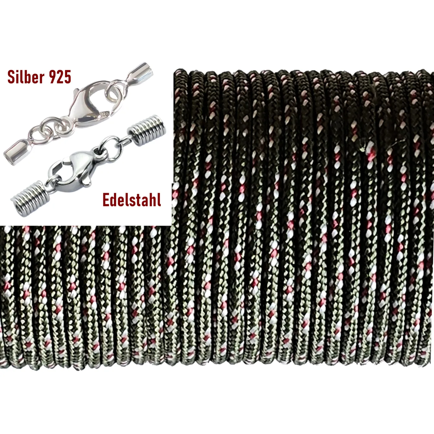 Paracordschnur Ø 2,0 mm, Farbton Oliv-Weiß-Rot mit Edelstahlverschluss oder 925er Silberverschluss