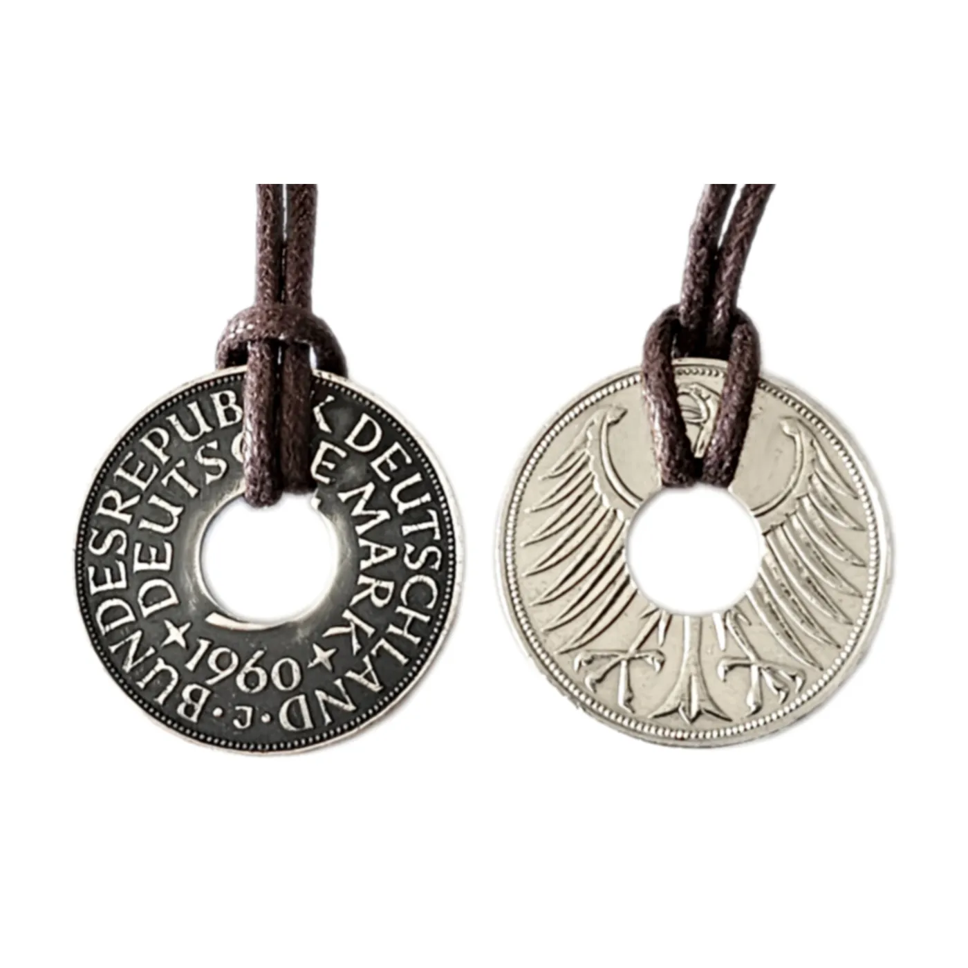 Anhänger Donut 5 DM aus Silber 625 mit Datum, inklusive Baumwollband