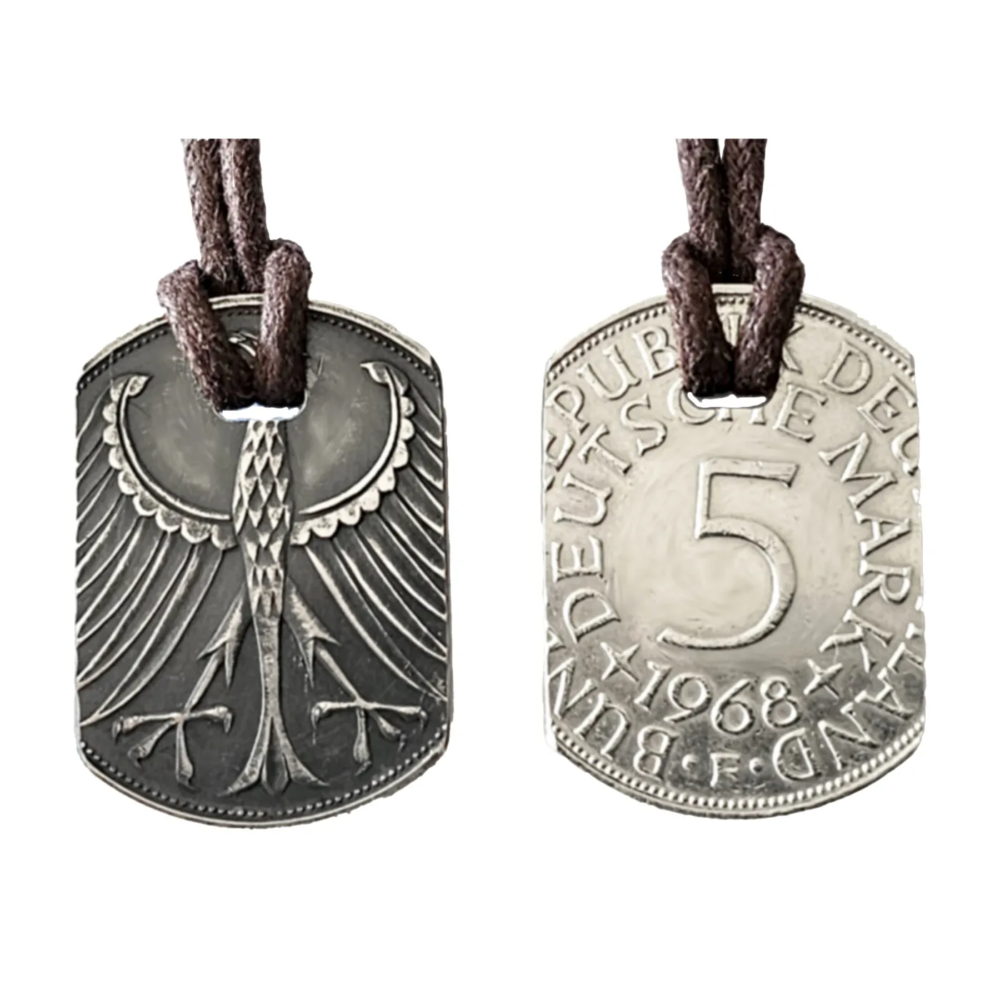Anhänger Dog Tag aus Silber 625 mit Datum 5 DM Deutschland 1951-1974, inklusive Baumwollband