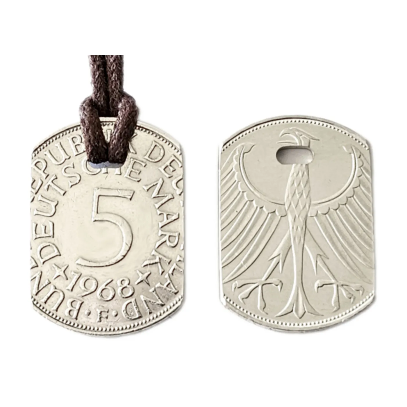 Anhänger Dog Tag aus Silber 625 mit Datum 5 DM Deutschland 1951 - 1974 • Inklusive Baumwollband – Ansicht 1