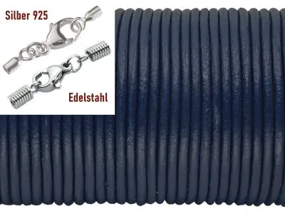 Lederschnur rund Ø 2,0 mm Dunkelblau • Edelstahl oder Silber Verschluss