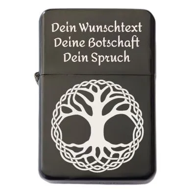 Benzinfeuerzeug mit Gravur • BAUM DES LEBENS • Schwarz
