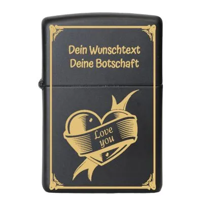 Benzinfeuerzeug mit Gravur • LOVE YOU • Zippo Schwarz matt