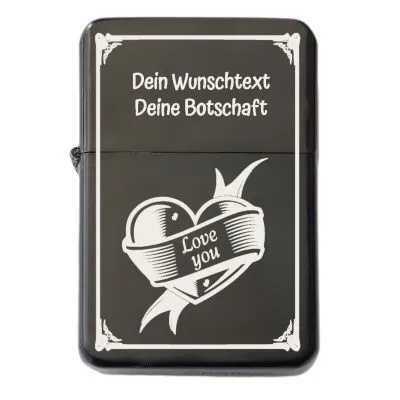 Benzinfeuerzeug mit Gravur • LOVE YOU • Schwarz