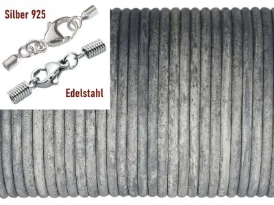 Lederschnur rund Ø 2,0 mm Grau Vintage • Edelstahl oder Silber Verschluss