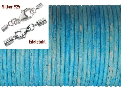 Lederschnur rund Ø 2,0 mm Hellblau Vintage • Edelstahl oder Silber Verschluss
