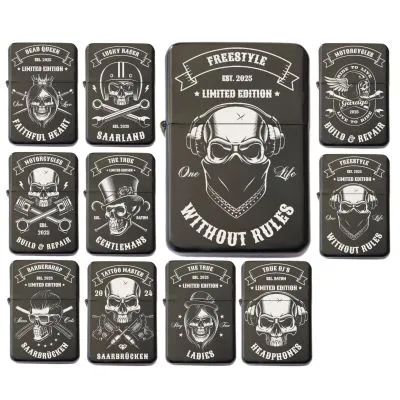 Benzinfeuerzeug mit Gravur • SERIE SKULL 1 • Schwarz