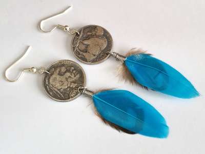 Ohrhänger mit original Münzen USA 5 cents Indianer/ Bison Buffalo Nickel mit Feder