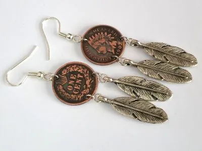 Ohrhänger mit original Münzen USA One Cent Indian Head mit Feder
