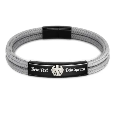 Segeltau Armband 2 x Ø 4 mm mit Edelstahl Magnetverschluss und Gravurplatte, Schwarz glänzend • Personalisierbar, Farbauswahl