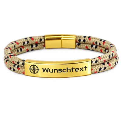 Segeltau Armband 2 x Ø 4 mm mit Edelstahl Magnetverschluss und Gravurplatte, Gold glänzend • Personalisierbar, Farbauswahl