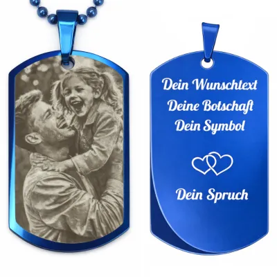 Edelstahl Anhänger Blau mit Foto, Text & Motiv Gravur inkl. silberfarbener 60 cm langen Kugelkette • Personalisierbar