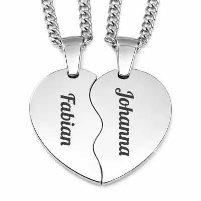 Partneranhänger in Herzform aus Edelstahl im Farbton Silber inklusive 60 cm Panzerkette • Personalisierbar
