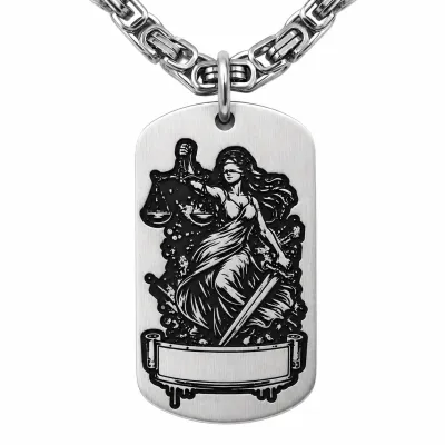 Anhänger Dog Tag aus Edelstahl mit Tiefengravur, Motiv Justitia, mit Wunschgravur