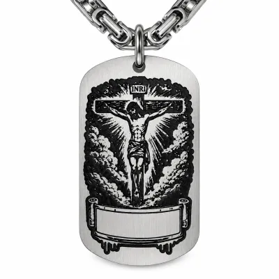 Anhänger Dog Tag aus Edelstahl mit Tiefengravur, Motiv Jesus am Kreuz, mit Wunschgravur