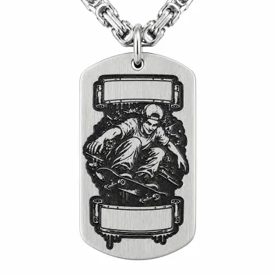 Anhänger Dog Tag aus Edelstahl mit Tiefengravur, Motiv Skateboard-Fahrer, mit Wunschgravur
