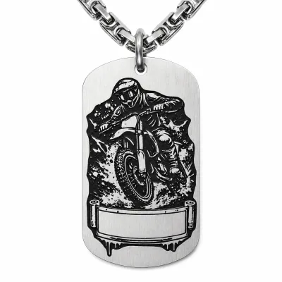 Anhänger Dog Tag aus Edelstahl mit Tiefengravur, Motiv Motocross-Fahrer, mit Wunschgravur