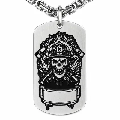 Anhänger Dog Tag aus Edelstahl mit Tiefengravur, Motiv Feuerwehrmann mit Äxten, mit Wunschgravur