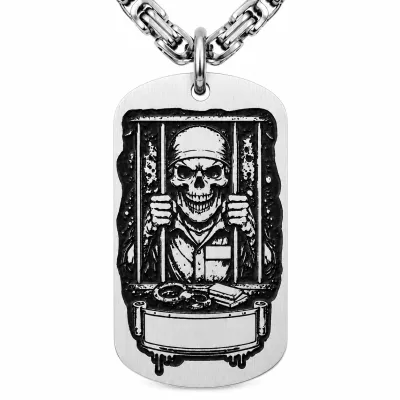 Anhänger Dog Tag aus Edelstahl mit Tiefengravur, Motiv Häftling hinter Gittern, mit Wunschgravur