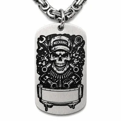 Anhänger Dog Tag aus Edelstahl mit Tiefengravur, Motiv Mechaniker-Totenkopf, mit Wunschgravur