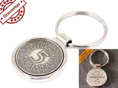Metall Schlüsselanhänger 5 Mark mit Datum Silber 625er - personalisierbar