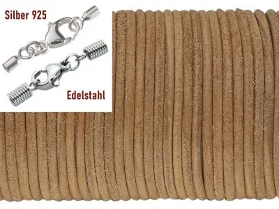 Lederschnur rund Ø 2,0 mm Natur mit Edelstahl oder Silber Verschluss