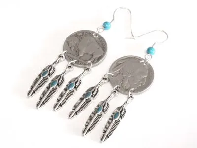 Ohrhänger mit original Münzen USA 5 cents Indianer/ Bison Buffalo Nickel mit Feder