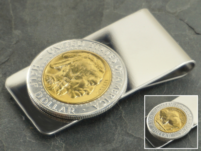 Geldclip 1/2 Dollar mit Buffalo Nickel 24 Karat vergoldet personalisierbar