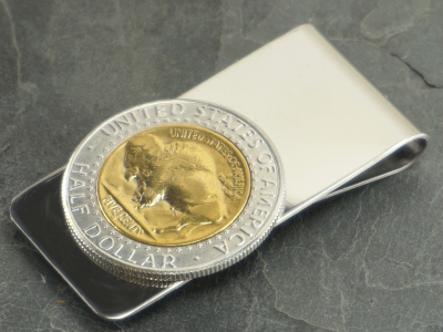 Geldclip 1/2 Dollar mit Buffalo Nickel 24 Karat vergoldet personalisierbar