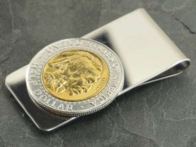 Geldclip 1/2 Dollar mit Buffalo Nickel 24 Karat vergoldet (Bison / Indianer)