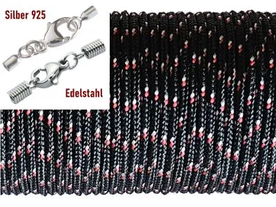 Paracordschnur Ø 2,0 mm Schwarz-Rot-Weiß mit Edelstahl oder Silber Verschluss