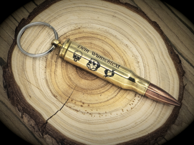 Schlüsselanhänger Flaschenöffner original Patrone .308 Win Messing - personalisierbar